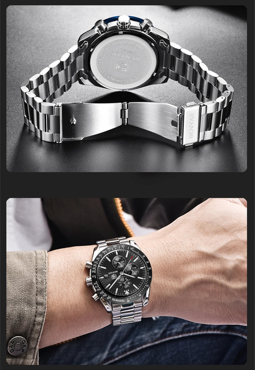 Relojes de lujo para hombre BENYAR: relojes de pulsera de cuarzo con correa de piel, resistentes al agua hasta 30 m, estilo deportivo.