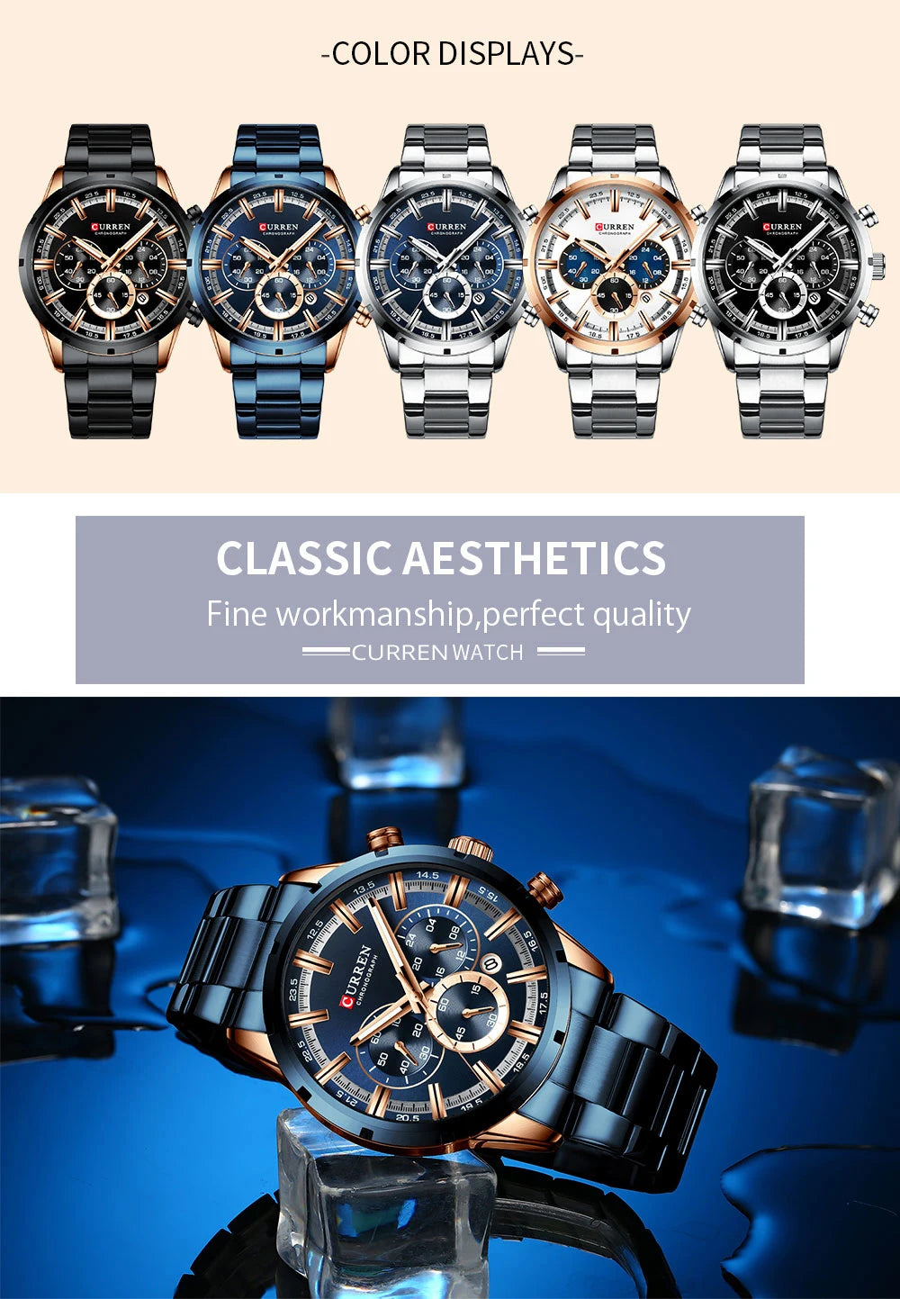 Reloj Curren para hombre con esfera azul, correa de acero inoxidable y fecha, reloj masculino de negocios, resistente al agua, reloj de pulsera de lujo para hombre