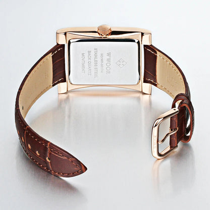 WWOOR Brand Classic Fashion Mens Rectangle Watches Male Gold Brown Leather Quartz Waterproof Wrist Watch For Men Calendar Clocks