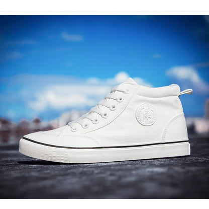 Men's High-Top Canvas Sneakers Slip-On Lace-Up Casual All-Black Basic Skate Shoes for Students Flat Sole Comfortable Sport Shoes