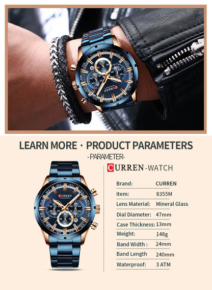 Reloj Curren para hombre con esfera azul, correa de acero inoxidable y fecha, reloj masculino de negocios, resistente al agua, reloj de pulsera de lujo para hombre