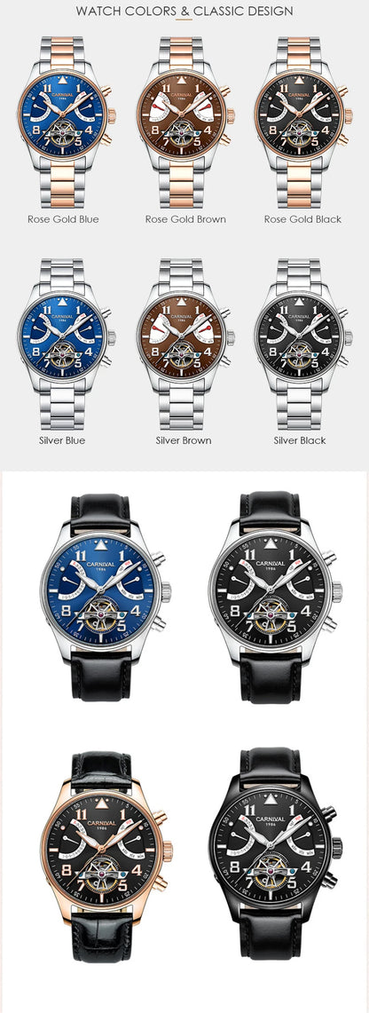 CARNIVAL Fashion Tourbillon Mechanical Watches for Man Automatic Watch Sapphire Waterproof Calendar Luminous Relogio Masculino