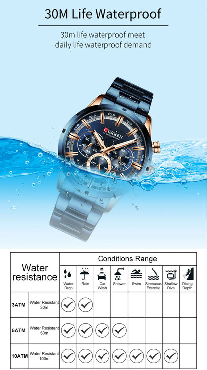 Reloj Curren para hombre con esfera azul, correa de acero inoxidable y fecha, reloj masculino de negocios, resistente al agua, reloj de pulsera de lujo para hombre