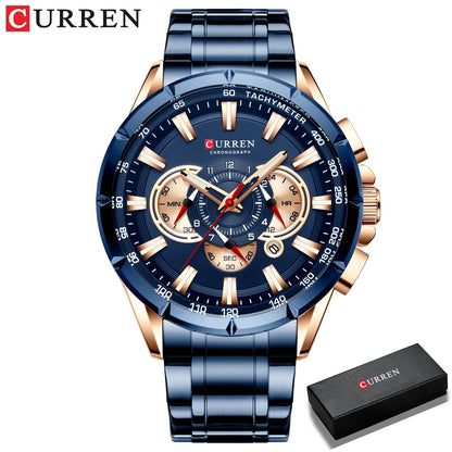 Men New CURREN Casual Sport Chronograph Men's Watch Stainless Steel Band Wristwatch Big Dial Quartz Clock with Luminous Pointers