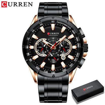 Men New CURREN Casual Sport Chronograph Men's Watch Stainless Steel Band Wristwatch Big Dial Quartz Clock with Luminous Pointers