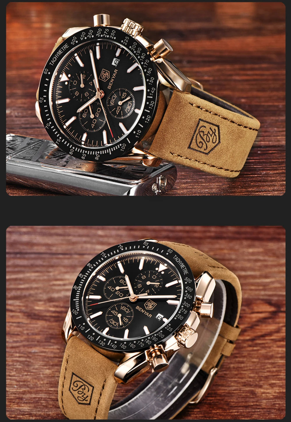 Relojes de lujo para hombre BENYAR: relojes de pulsera de cuarzo con correa de piel, resistentes al agua hasta 30 m, estilo deportivo.