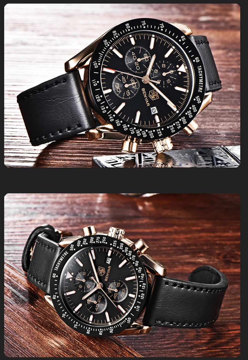 Relojes de lujo para hombre BENYAR: relojes de pulsera de cuarzo con correa de piel, resistentes al agua hasta 30 m, estilo deportivo.
