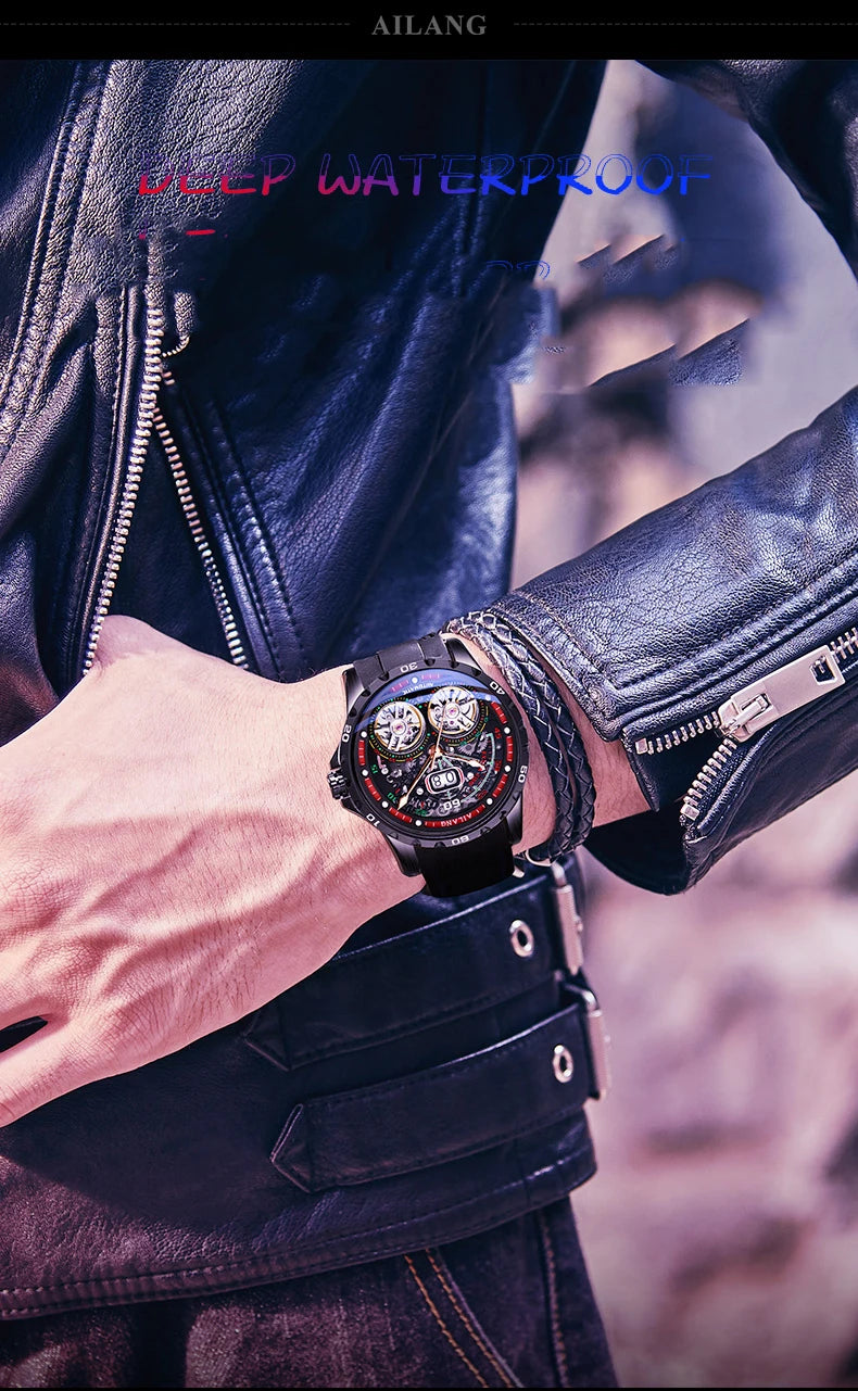 AILANG Super Cool Double Tourbillon Automatic Mechanical Watch Men Luxury Brand Luminous Waterproof Watches Men's Reloj Hombre