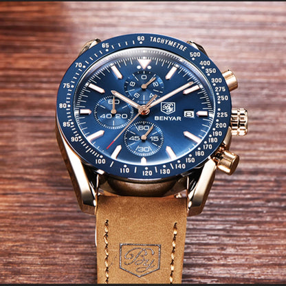 Relojes de lujo para hombre BENYAR: relojes de pulsera de cuarzo con correa de piel, resistentes al agua hasta 30 m, estilo deportivo.