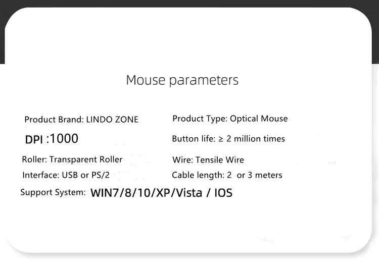 LINDO ZONE Computer Desktop Wired USB PS/2 Ultra-Long Mouse 2M/3M Line 200CM/300CM Notebook Extended Wired Mouse