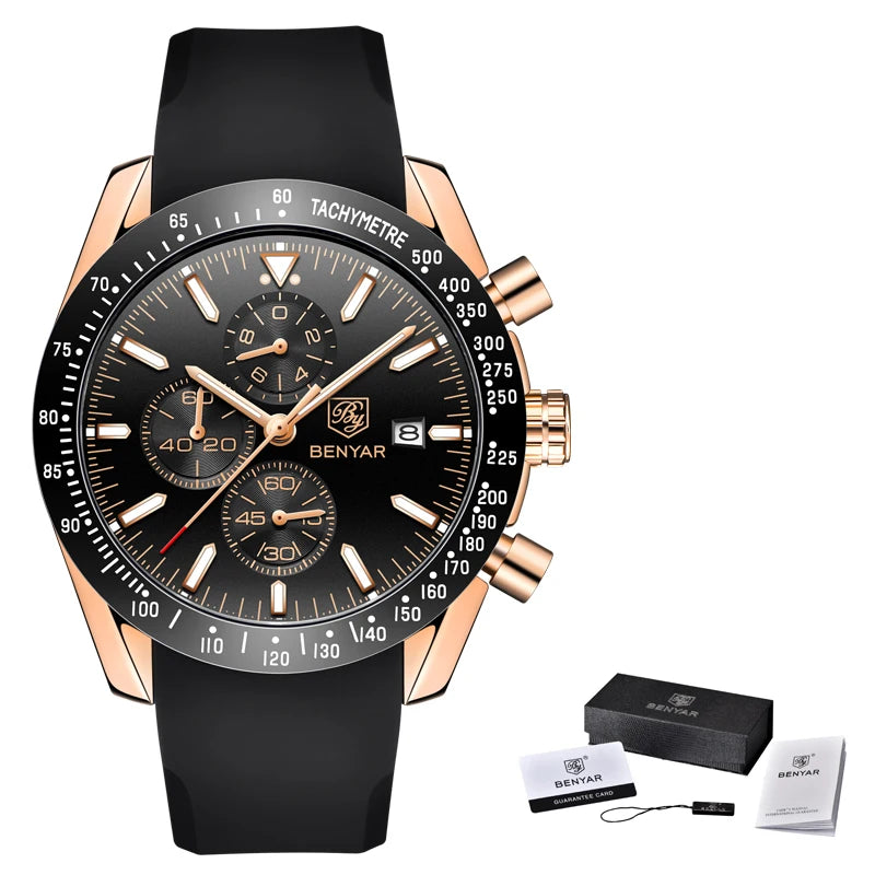 Relojes de lujo para hombre BENYAR: relojes de pulsera de cuarzo con correa de piel, resistentes al agua hasta 30 m, estilo deportivo.
