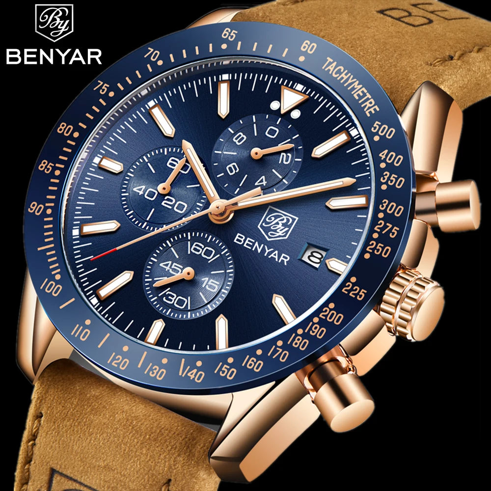 Relojes de lujo para hombre BENYAR: relojes de pulsera de cuarzo con correa de piel, resistentes al agua hasta 30 m, estilo deportivo.