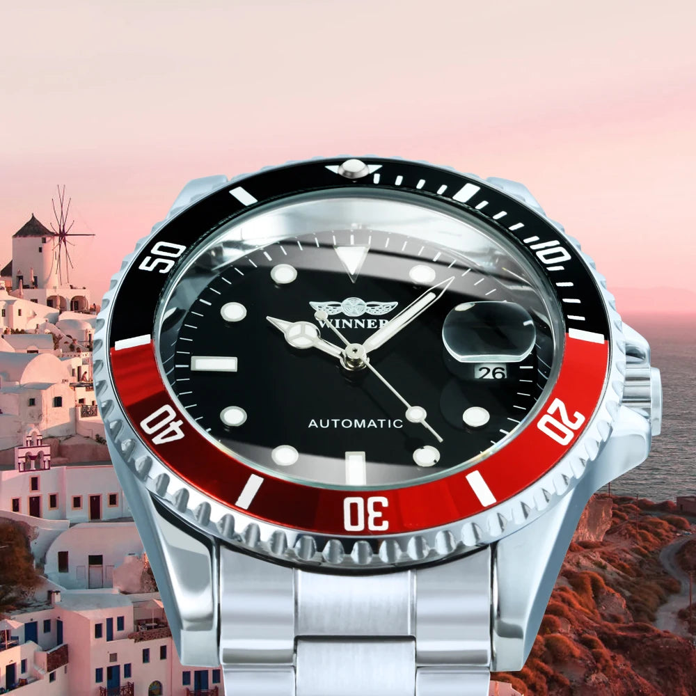 Reloj mecánico clásico para hombre: marca de lujo, estilo profesional, movimiento automático, bisel giratorio, esfera luminiscente, correa de acero