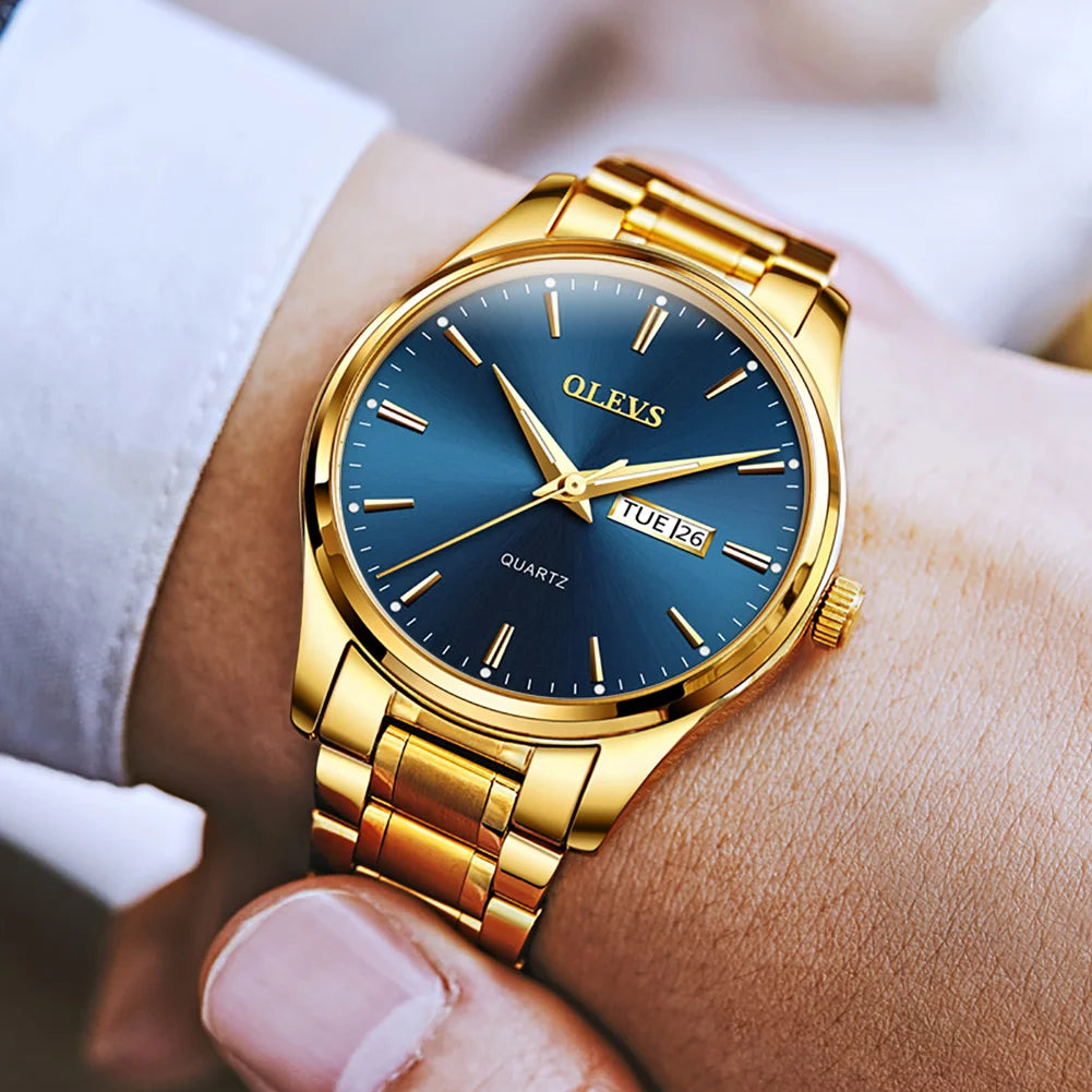 OLEVS Herrenuhr – Quarz-Armbanduhr aus Edelstahl, wasserdicht, vergoldet, elegant und strahlend, luxuriöses Accessoire für Herren