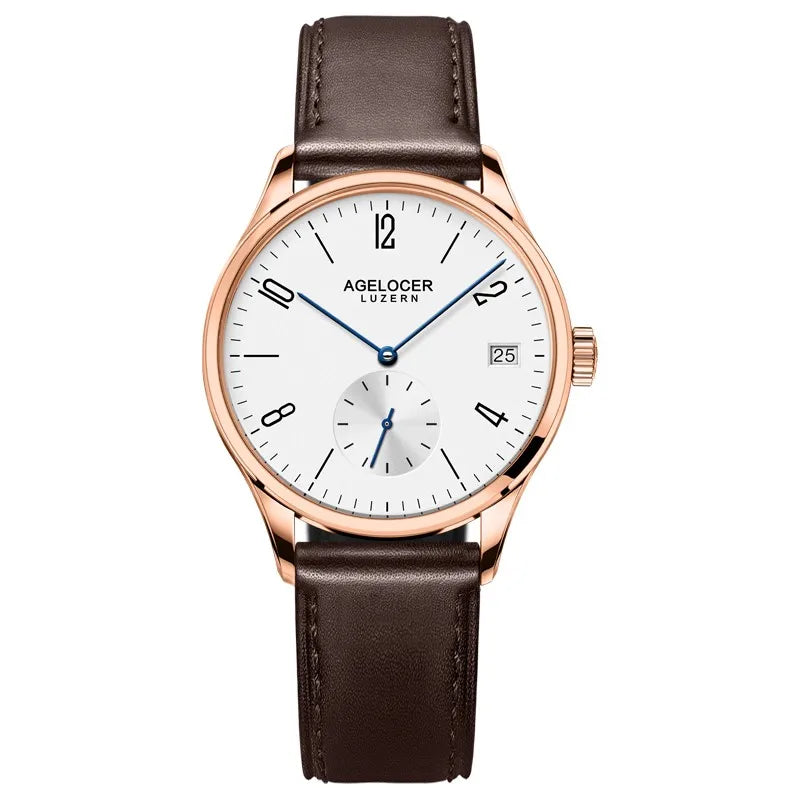 AGELOCER Original Budapest Watch Lady Leather Watch Strap Simple Big Calendar Automatic Mechanical Watch Birthday Gift for Women