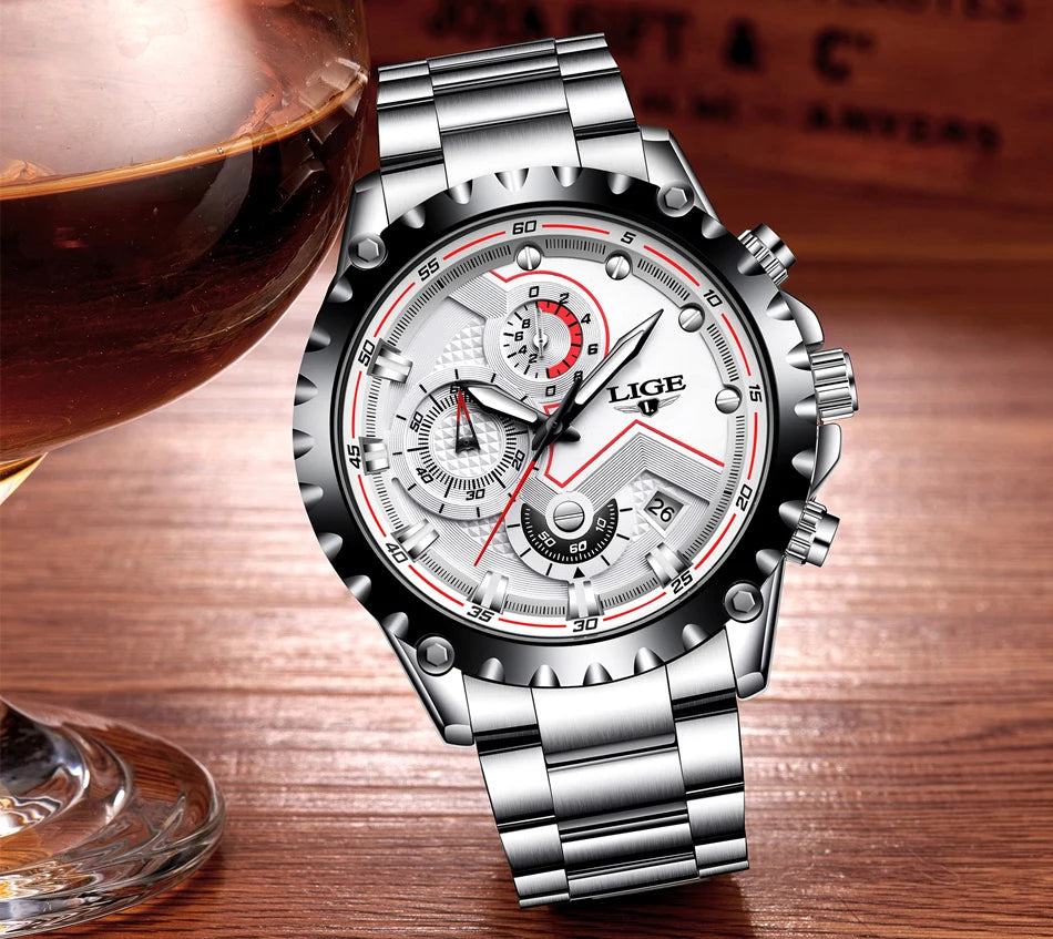 Reloj para hombre LIGE: reloj de cuarzo de última tendencia, marca de lujo, totalmente de acero, estilo profesional, resistente al agua y deportivo. Se entrega con estuche.