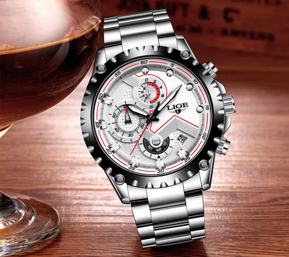 Reloj para hombre LIGE: reloj de cuarzo de última tendencia, marca de lujo, totalmente de acero, estilo profesional, resistente al agua y deportivo. Se entrega con estuche.