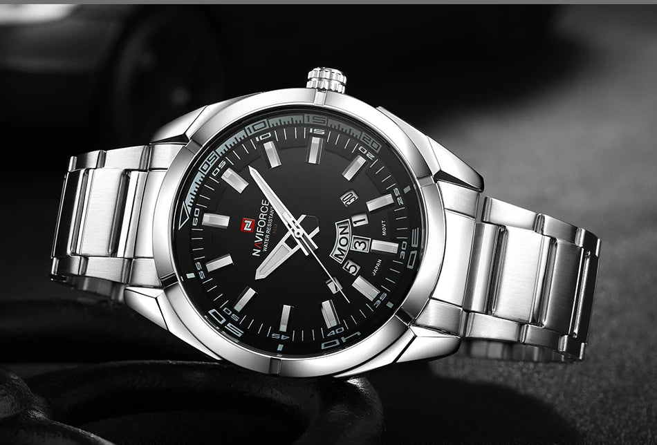 Reloj para hombre NAVIFORCE, totalmente de acero, hermético, estilo informal, movimiento de cuarzo con indicador de fecha – Reloj de pulsera de lujo para hombre, de una marca líder.