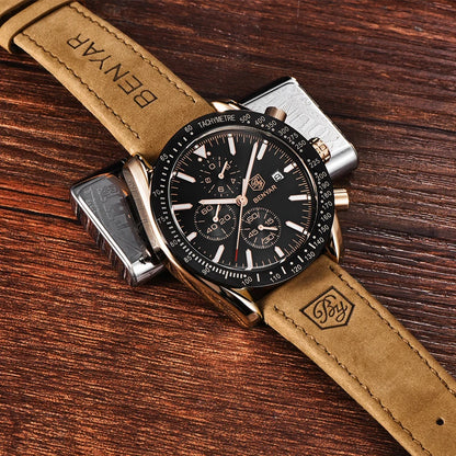Relojes de lujo para hombre BENYAR: relojes de pulsera de cuarzo con correa de piel, resistentes al agua hasta 30 m, estilo deportivo.