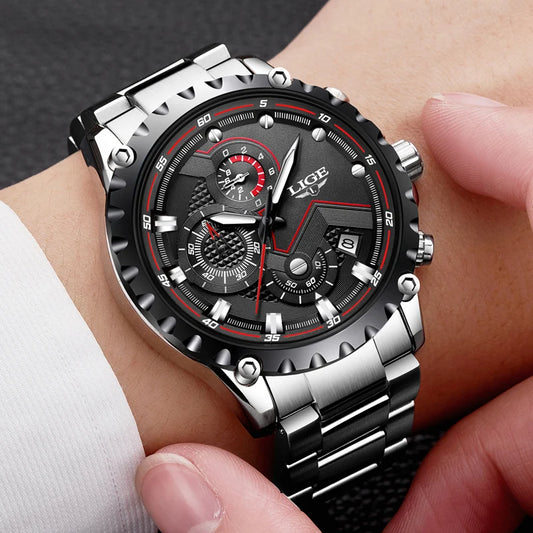 Montre pour homme LIGE – Montre à quartz tendance, marque de luxe, tout en acier, style professionnel, étanche et sportive – Livrée avec boîte