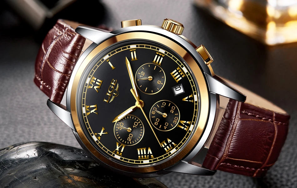 Montre pour homme LIGE – Chronographe de luxe, style sport décontracté, étanche, entièrement en acier, mouvement à quartz