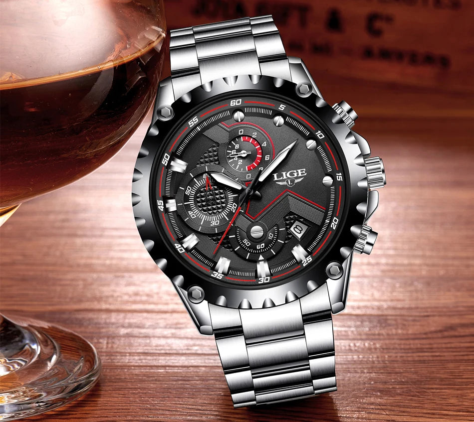 Reloj para hombre LIGE: reloj de cuarzo de última tendencia, marca de lujo, totalmente de acero, estilo profesional, resistente al agua y deportivo. Se entrega con estuche.