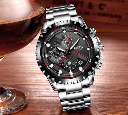Reloj para hombre LIGE: reloj de cuarzo de última tendencia, marca de lujo, totalmente de acero, estilo profesional, resistente al agua y deportivo. Se entrega con estuche.