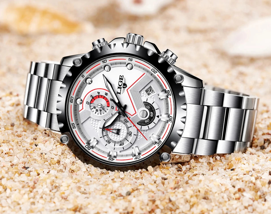 Reloj para hombre LIGE: reloj de cuarzo de última tendencia, marca de lujo, totalmente de acero, estilo profesional, resistente al agua y deportivo. Se entrega con estuche.