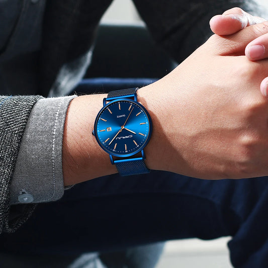 Reloj de cuarzo para hombre CRRJU: modelo de lujo, resistente al agua, esfera azul, diseño fino y elegante, con indicador de fecha, correa de malla metálica, estilo deportivo y desenfadado