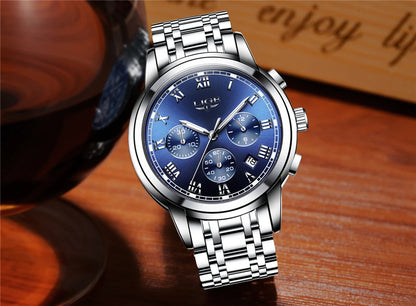 Montre pour homme LIGE – Chronographe de luxe, style sport décontracté, étanche, entièrement en acier, mouvement à quartz