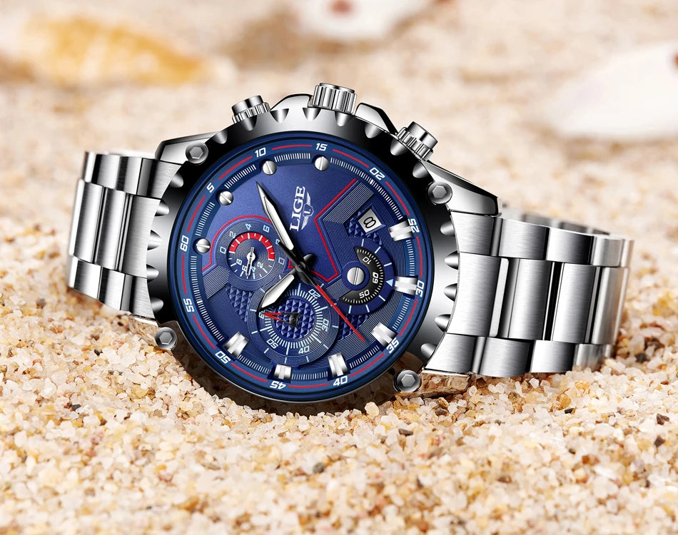 Reloj para hombre LIGE: reloj de cuarzo de última tendencia, marca de lujo, totalmente de acero, estilo profesional, resistente al agua y deportivo. Se entrega con estuche.