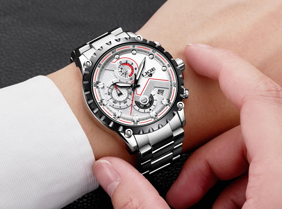 Reloj para hombre LIGE: reloj de cuarzo de última tendencia, marca de lujo, totalmente de acero, estilo profesional, resistente al agua y deportivo. Se entrega con estuche.