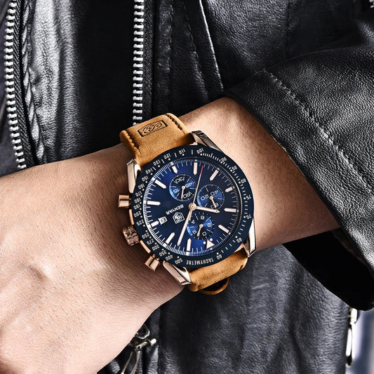 Relojes de lujo para hombre BENYAR: relojes de pulsera de cuarzo con correa de piel, resistentes al agua hasta 30 m, estilo deportivo.