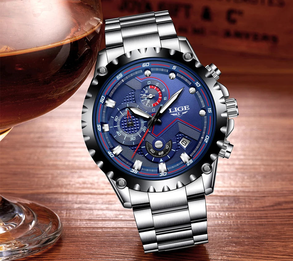Reloj para hombre LIGE: reloj de cuarzo de última tendencia, marca de lujo, totalmente de acero, estilo profesional, resistente al agua y deportivo. Se entrega con estuche.