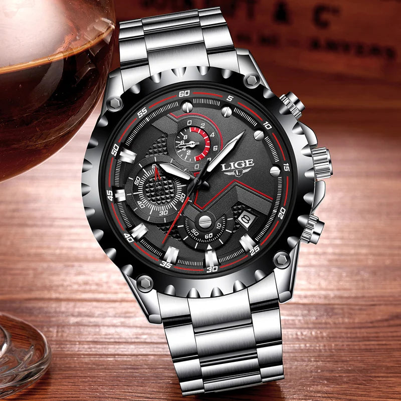 Reloj para hombre LIGE: reloj de cuarzo de última tendencia, marca de lujo, totalmente de acero, estilo profesional, resistente al agua y deportivo. Se entrega con estuche.