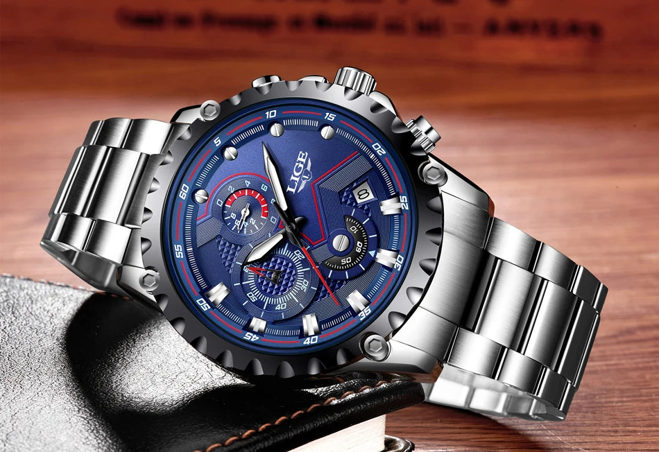 Reloj para hombre LIGE: reloj de cuarzo de última tendencia, marca de lujo, totalmente de acero, estilo profesional, resistente al agua y deportivo. Se entrega con estuche.