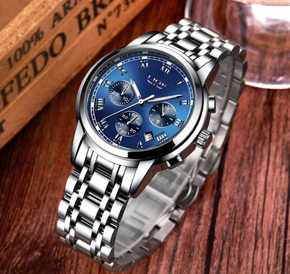 Montre pour homme LIGE – Chronographe de luxe, style sport décontracté, étanche, entièrement en acier, mouvement à quartz