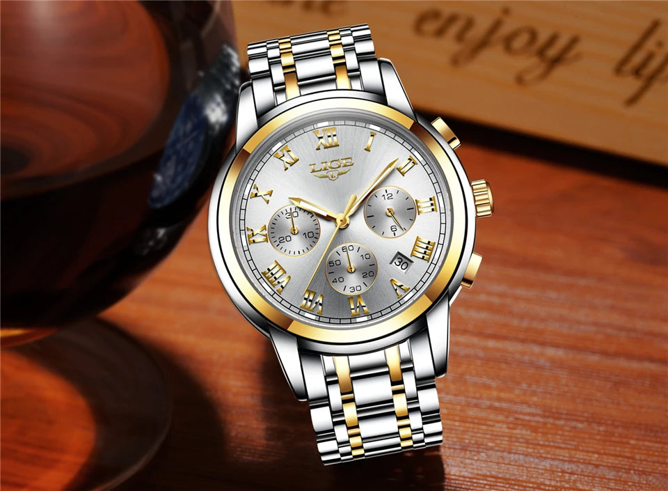 Montre pour homme LIGE – Chronographe de luxe, style sport décontracté, étanche, entièrement en acier, mouvement à quartz