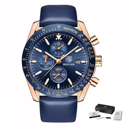Relojes de lujo para hombre BENYAR: relojes de pulsera de cuarzo con correa de piel, resistentes al agua hasta 30 m, estilo deportivo.