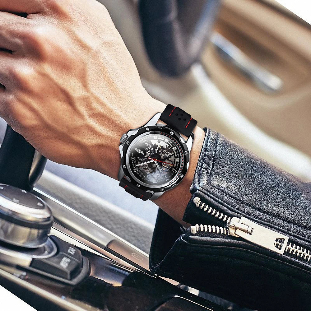 Reloj automático para hombre WINNER: modelo mecánico esqueleto, agujas luminiscentes, correa de caucho, estilo deportivo y lujoso, ideal para actividades al aire libre