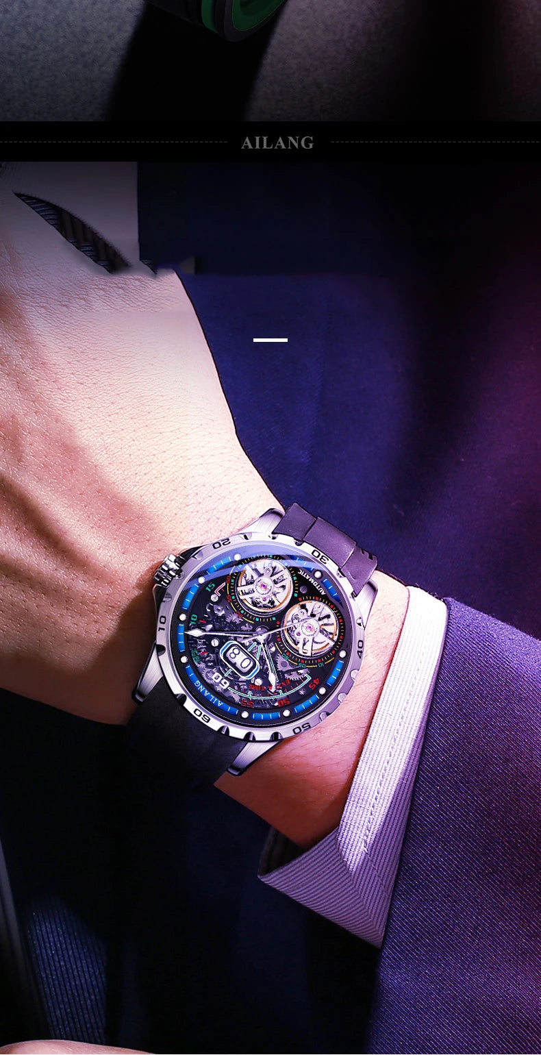 AILANG Super Cool Double Tourbillon Automatic Mechanical Watch Men Luxury Brand Luminous Waterproof Watches Men's Reloj Hombre
