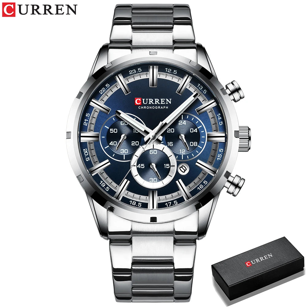 Reloj Curren para hombre con esfera azul, correa de acero inoxidable y fecha, reloj masculino de negocios, resistente al agua, reloj de pulsera de lujo para hombre