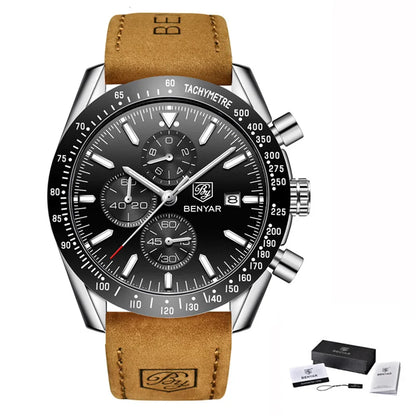 Relojes de lujo para hombre BENYAR: relojes de pulsera de cuarzo con correa de piel, resistentes al agua hasta 30 m, estilo deportivo.