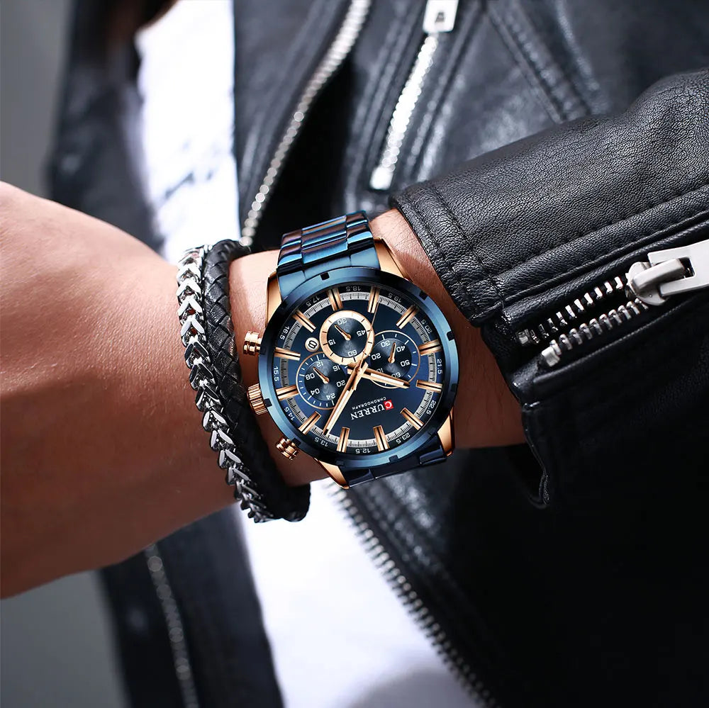 Reloj Curren para hombre con esfera azul, correa de acero inoxidable y fecha, reloj masculino de negocios, resistente al agua, reloj de pulsera de lujo para hombre
