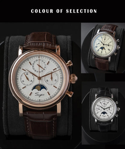 Original Movement ST1908 Sugess Men Mechanical Calendar Watch Chronograph Vintage Moonphase Wristwatches Waterproof