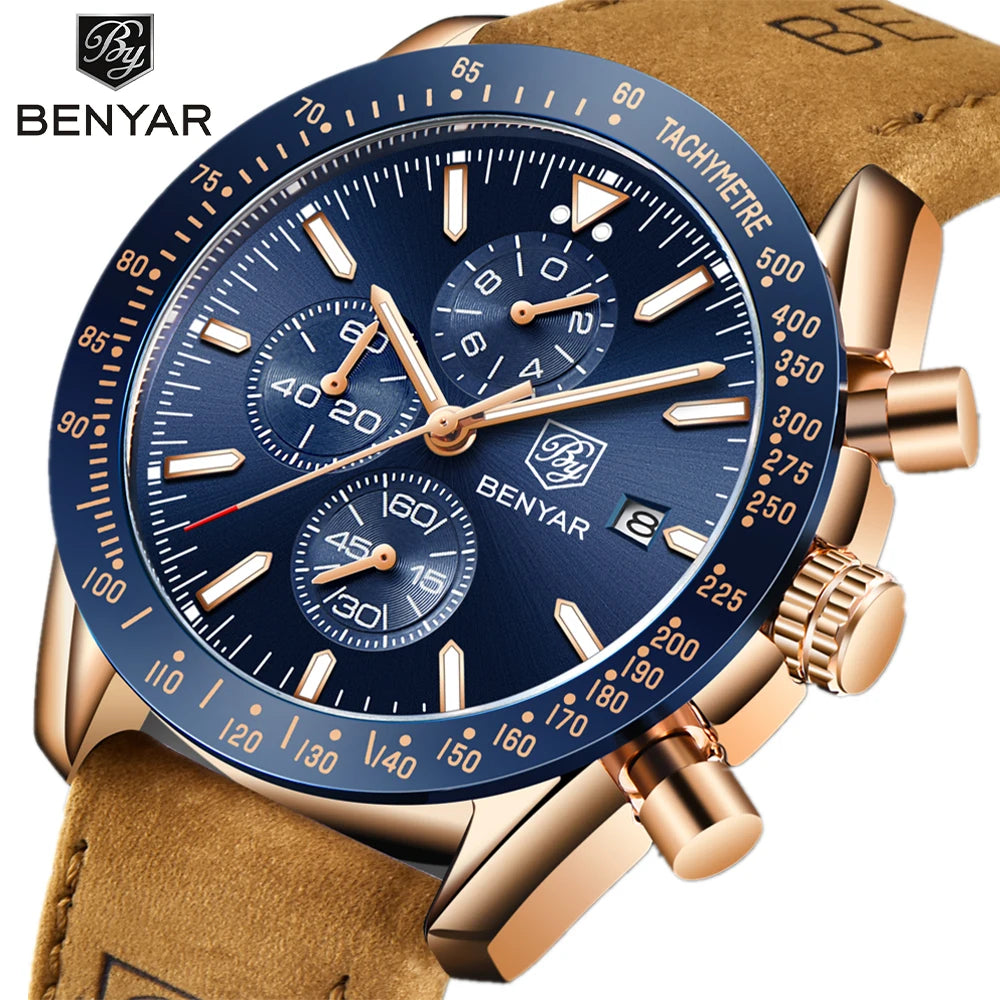 Relojes de lujo para hombre BENYAR: relojes de pulsera de cuarzo con correa de piel, resistentes al agua hasta 30 m, estilo deportivo.