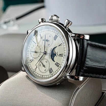 Original Movement ST1908 Sugess Men Mechanical Calendar Watch Chronograph Vintage Moonphase Wristwatches Waterproof