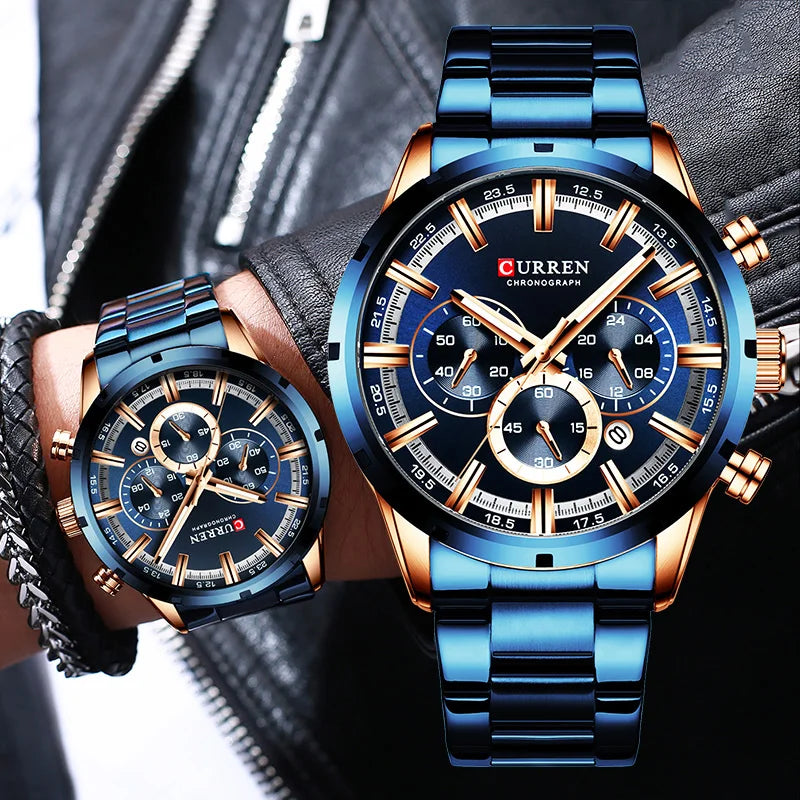 Reloj Curren para hombre con esfera azul, correa de acero inoxidable y fecha, reloj masculino de negocios, resistente al agua, reloj de pulsera de lujo para hombre