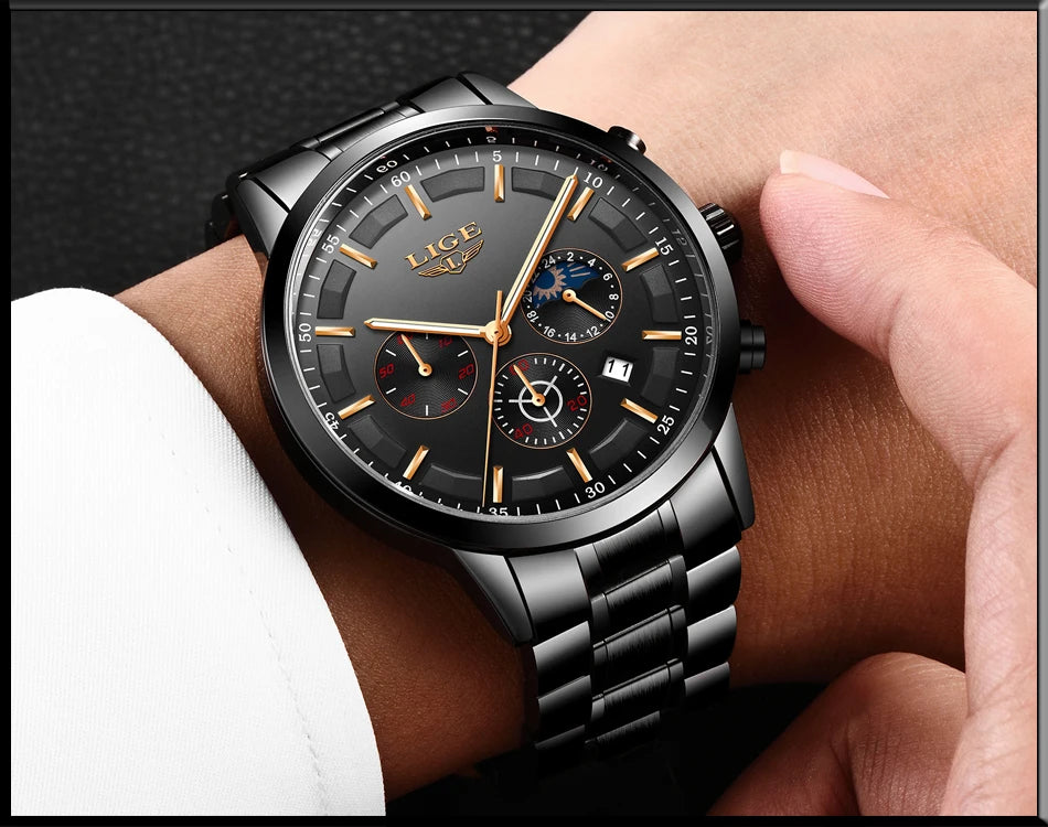 Montre pour homme LIGE – Chronographe à quartz de luxe, étanche (3 bars), avec aiguilles luminescentes – Idée cadeau (boîte incluse)