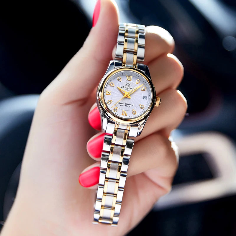 Reloj de pulsera mecánico para mujer de la marca CARNIVAL: modelo elegante, movimiento automático, cristal de zafiro, resistente al agua.